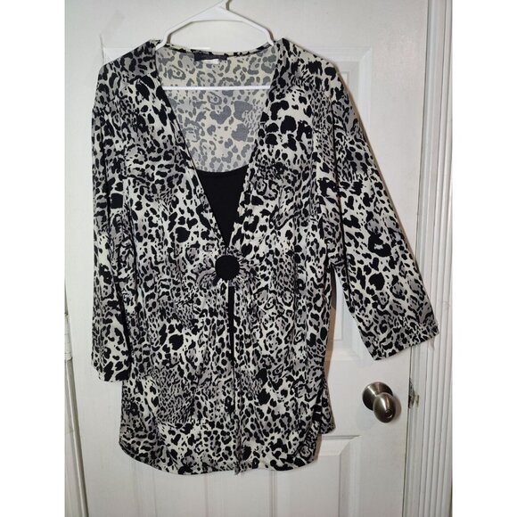 Jonden Women Black Gray Leopard Scoop Neck 3/4-Sleeve Pullover Stretch Top 3X - Picture 1 of 5